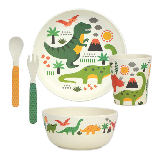 plate, cup, bowl and fork and spoon set with dinosaur print