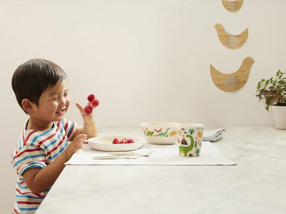 boy eating raspberries with dinosaur dinner set