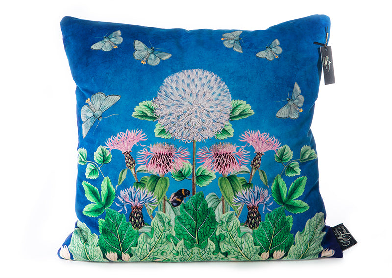 Royal Blue velvet cushion with flowers and bees design