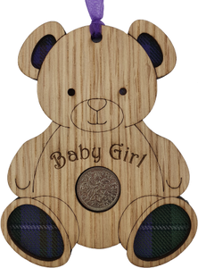 lucky sixpence baby girl wooden hanging with tartan inset