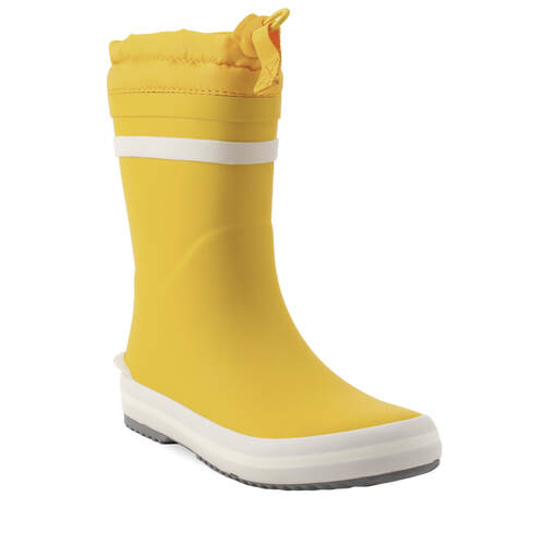 yellow wellies with white trim and toggle