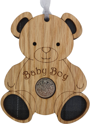 lucky sixpence baby boy wooden hanging with tartan inset