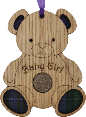 lucky sixpence baby girl wooden hanging with tartan inset