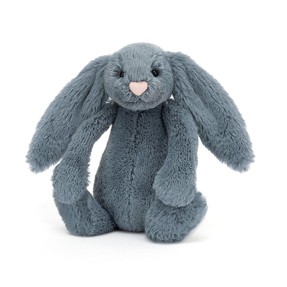 small plush toy bunny in dusky blue