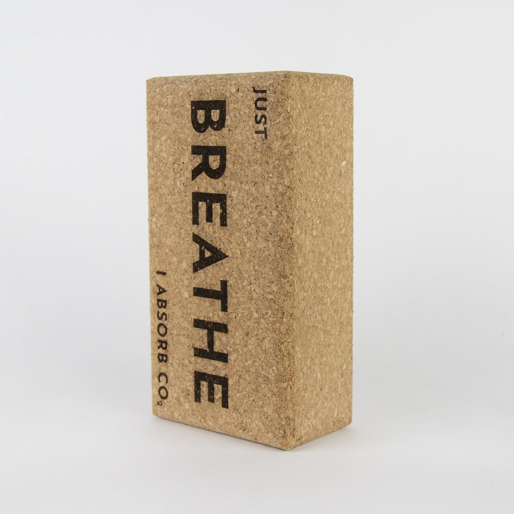 cork yoga block with breathe in print