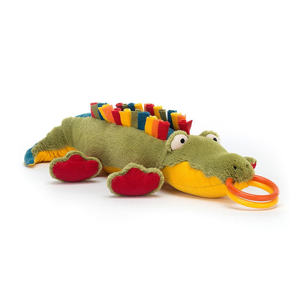 A plush discovery, tactile toy from Jellycat.  Colourful crocodile.