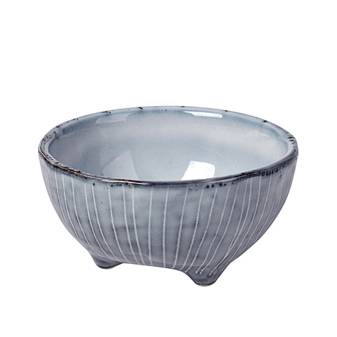 BOWL 'NORDIC SEA' L STONEWARE W/3 SMALL FEET SEA Ø11XH5,5CM COL. WILL VARY. Small blue stripey bowl with feet.