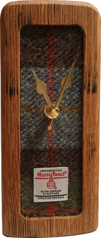 wooden clock made from whisky barrels, harris tweed inset